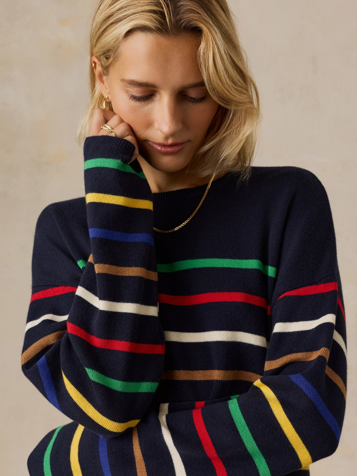 Cotton Cashmere Crew - Navy Multi Stripe