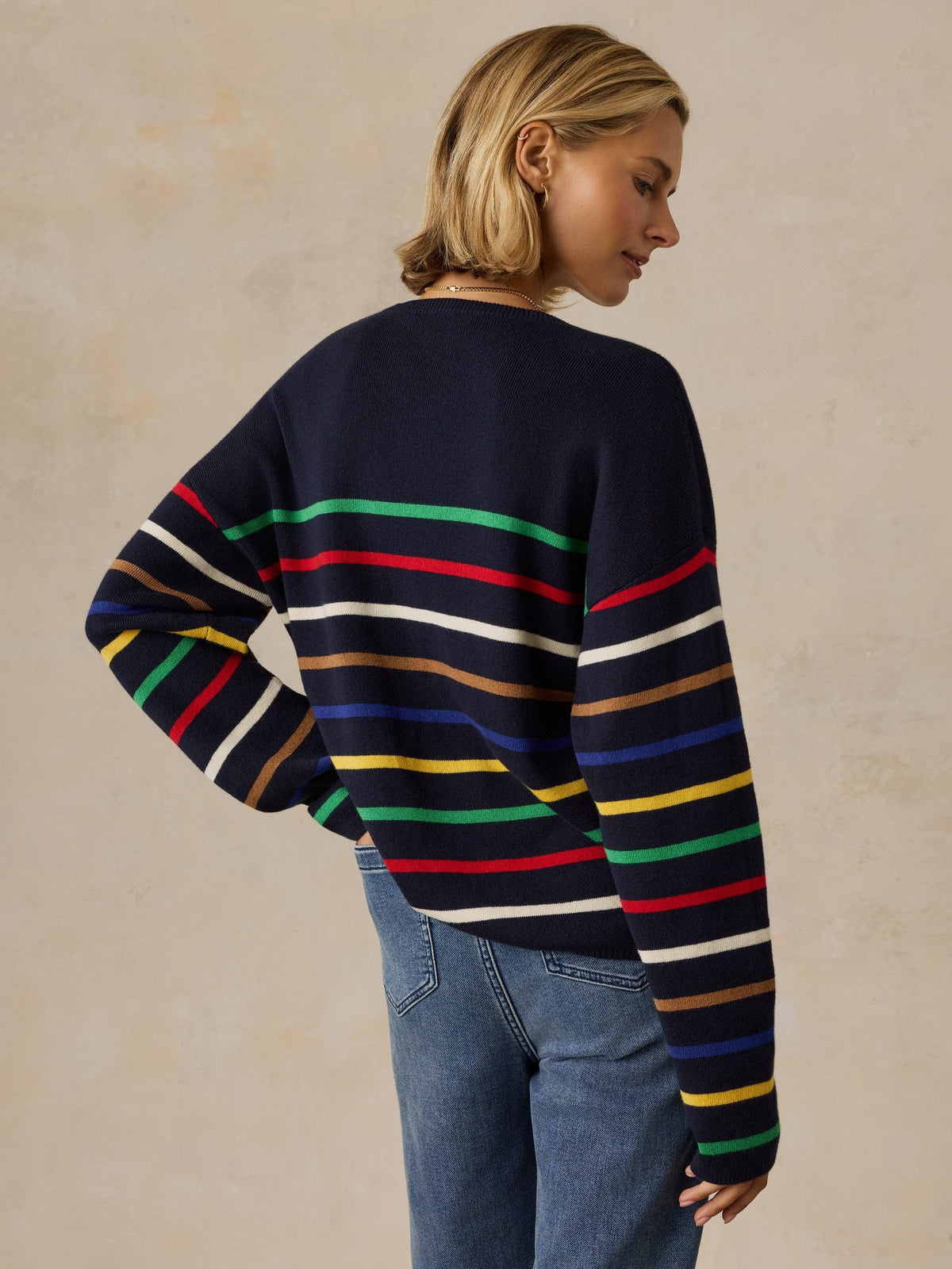 Cotton Cashmere Crew - Navy Multi Stripe