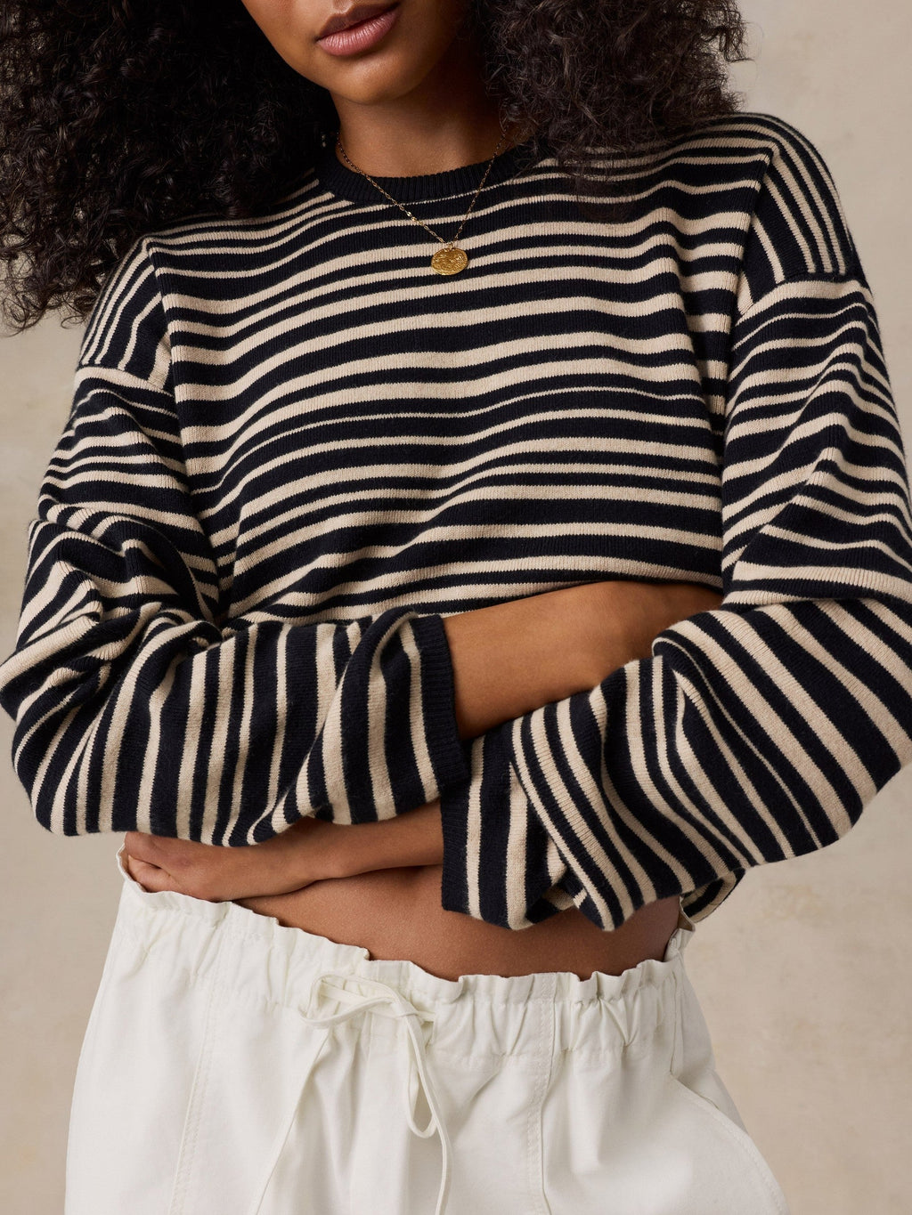 Cotton Cashmere Crew - Coastal Coal Stripe