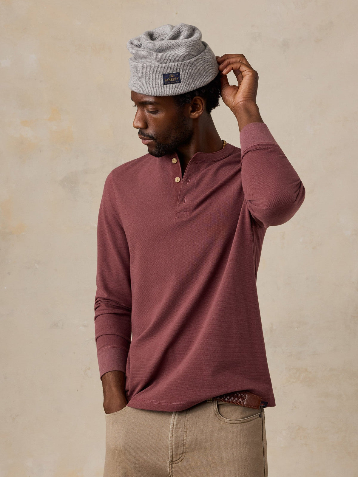 Long-Sleeve Waffle Henley - Autumn Mahogany