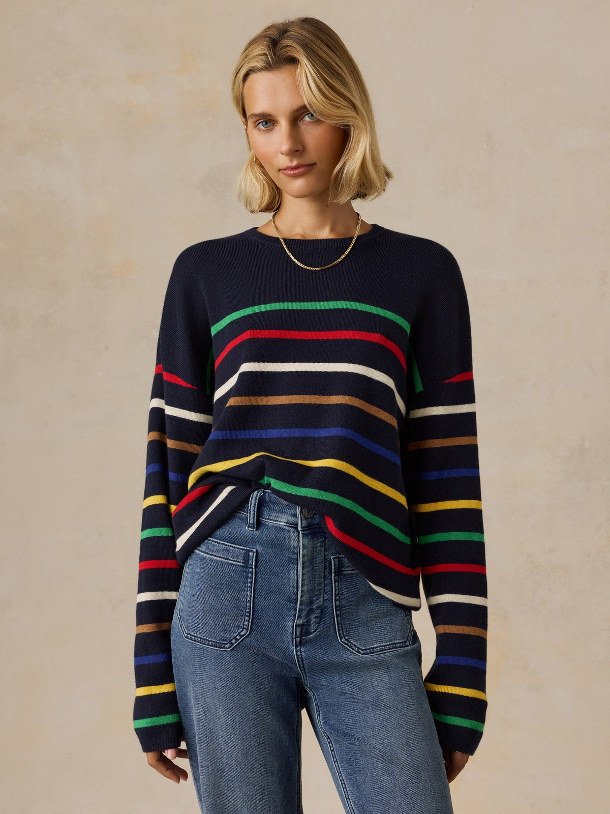 Cotton Cashmere Crew - Navy Multi Stripe
