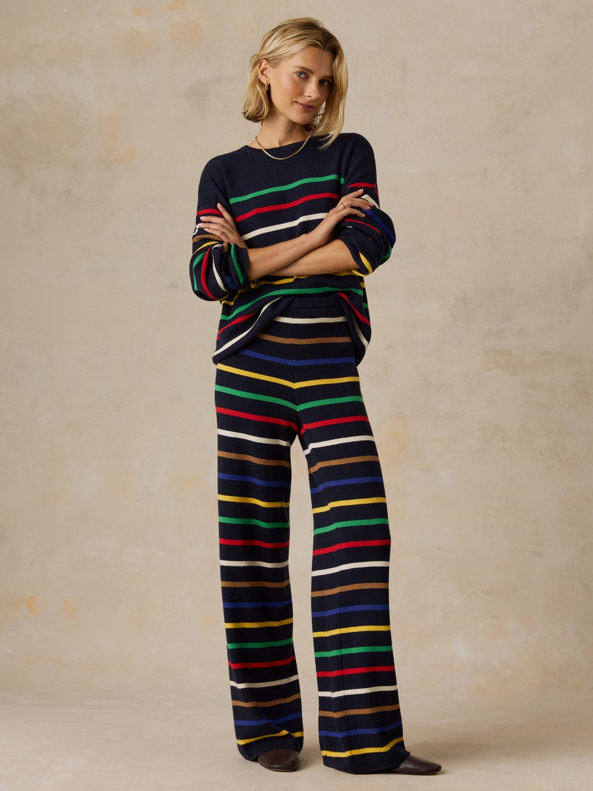 Cotton Cashmere Sweater Pant - Navy Multi Stripe