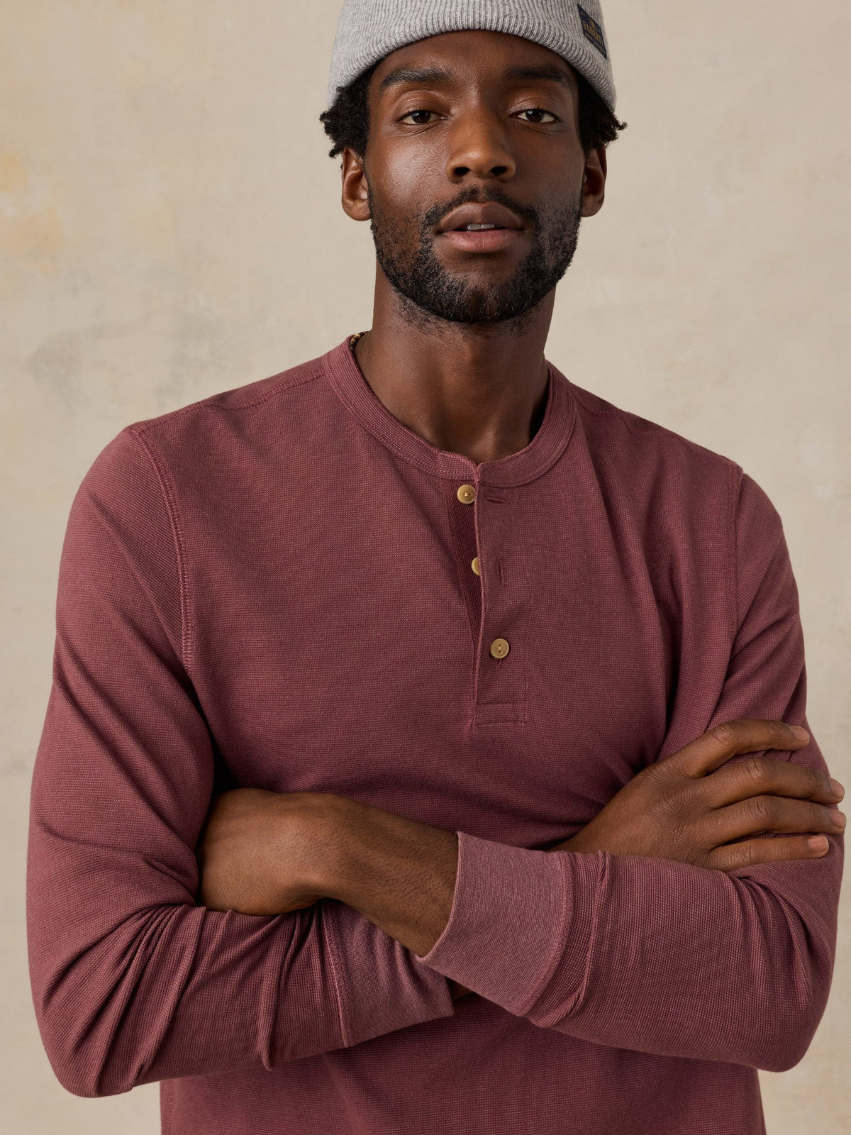 Long-Sleeve Waffle Henley - Autumn Mahogany