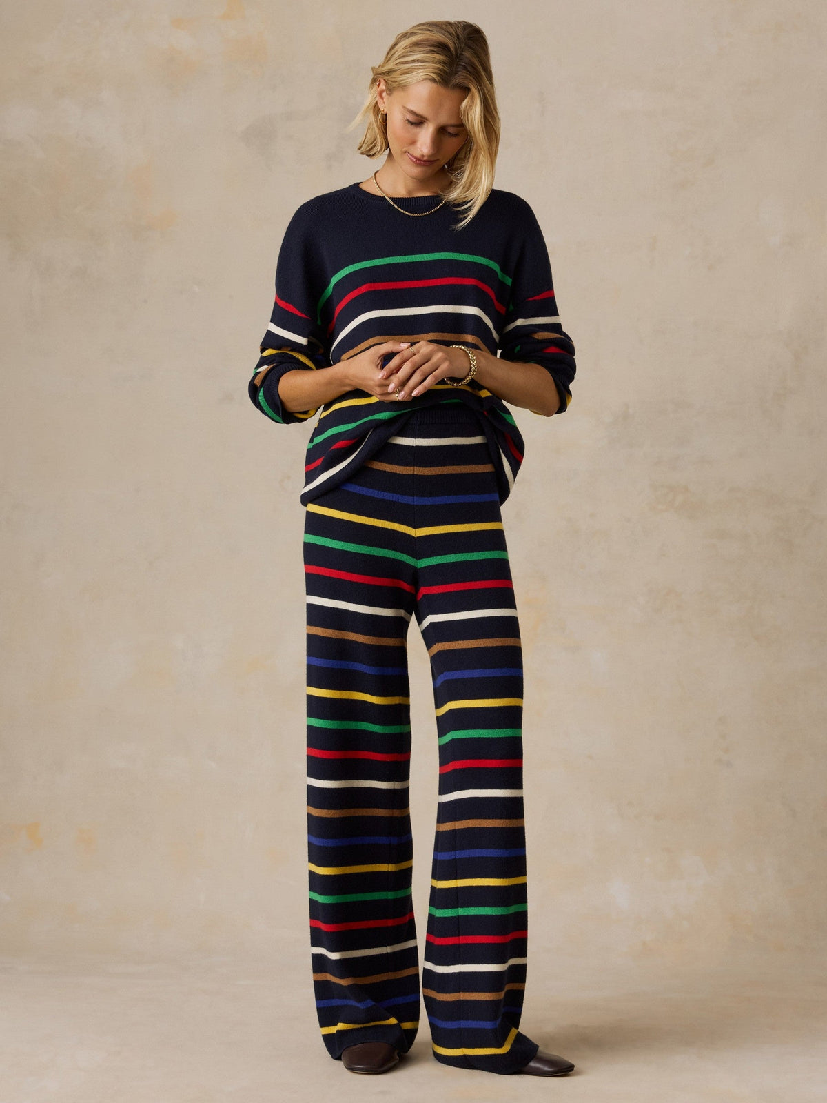 Cotton Cashmere Sweater Pant - Navy Multi Stripe