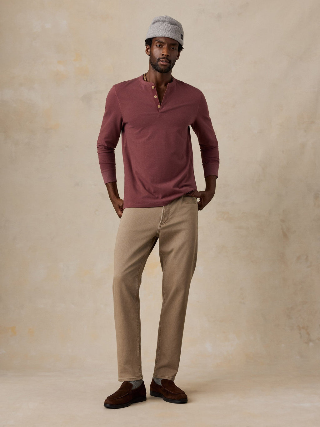 Long-Sleeve Waffle Henley - Autumn Mahogany