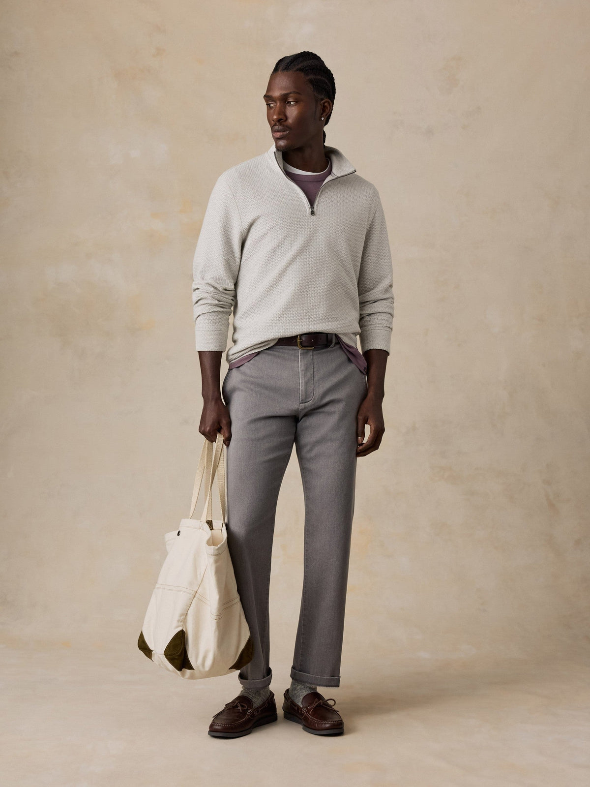 Textured Knit Quarter Zip - Snow Grey Heather