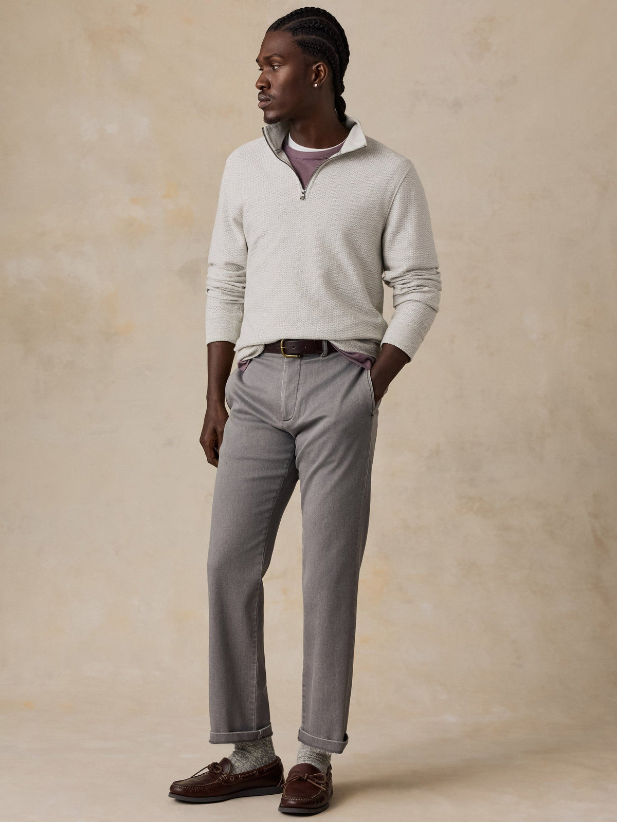 Textured Knit Quarter Zip - Snow Grey Heather