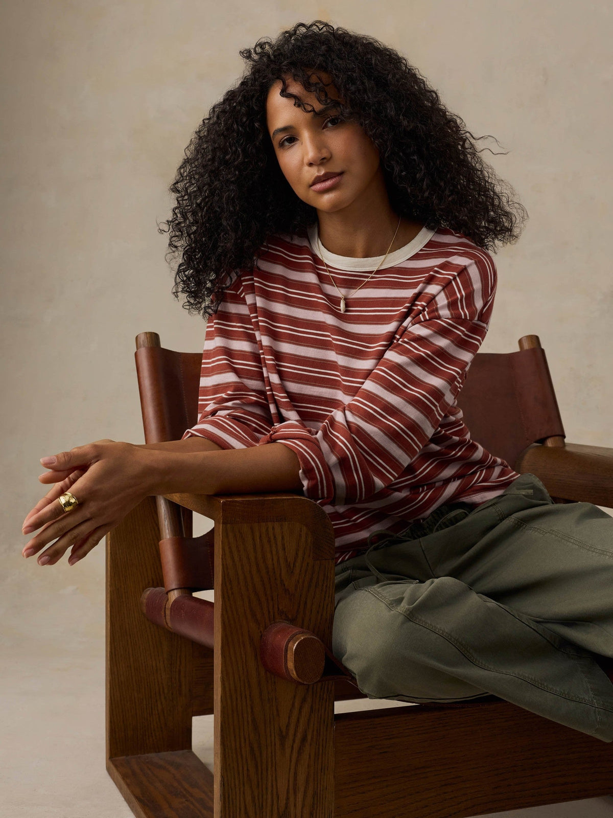 Sunwashed Long-Sleeve Retro Tee - Rosewood Stripe