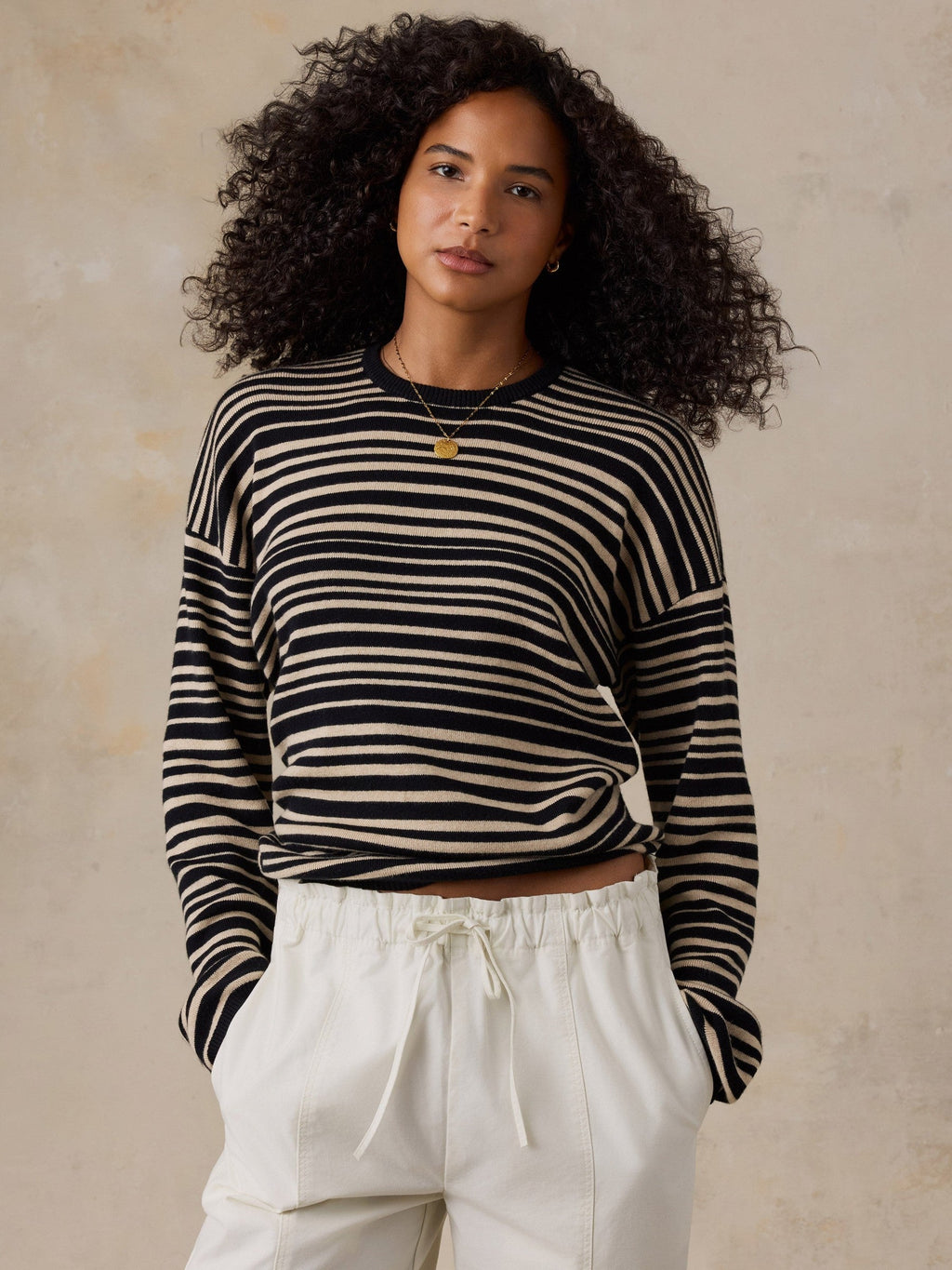 Cotton Cashmere Crew - Coastal Coal Stripe