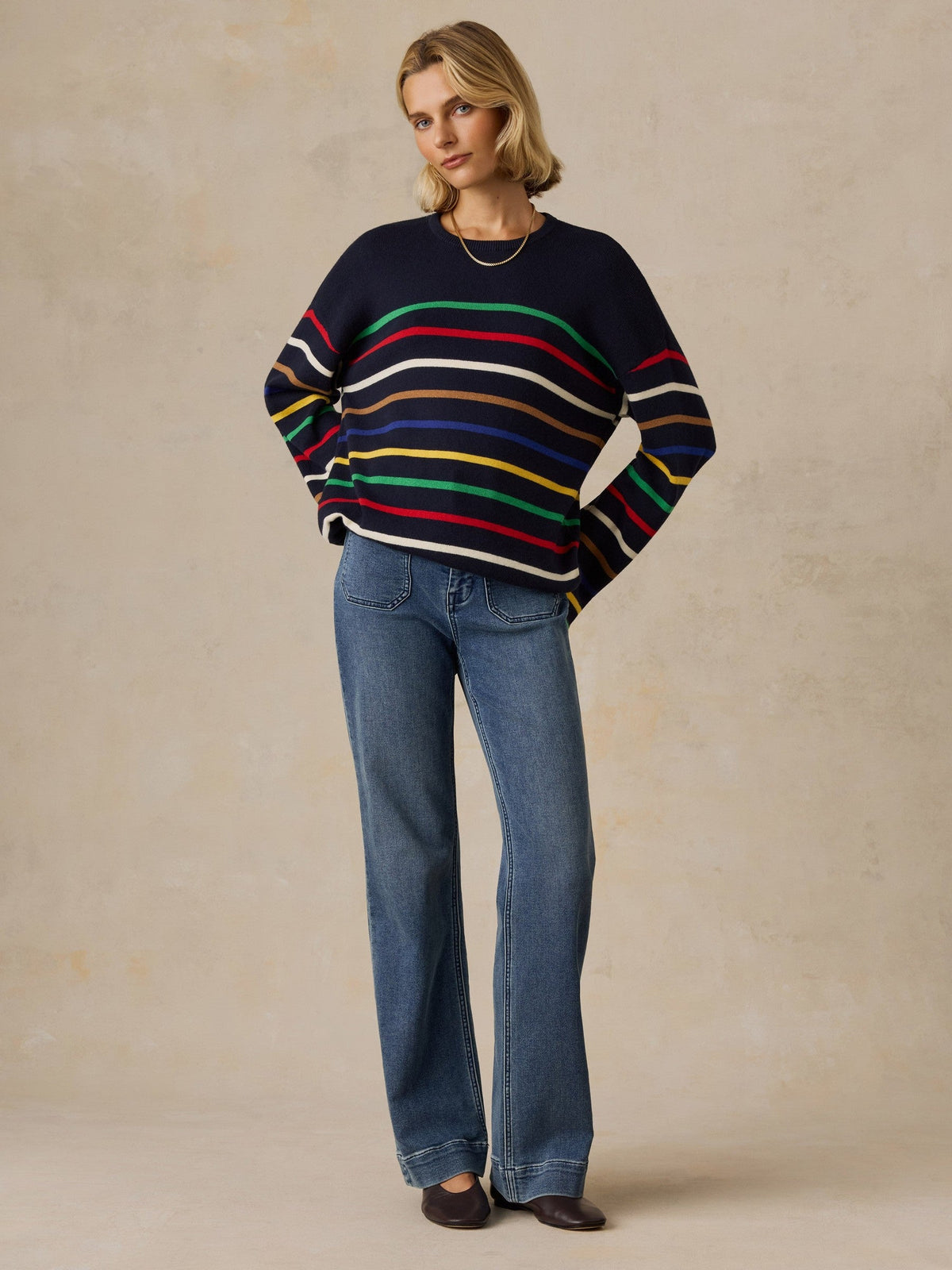 Cotton Cashmere Crew - Navy Multi Stripe